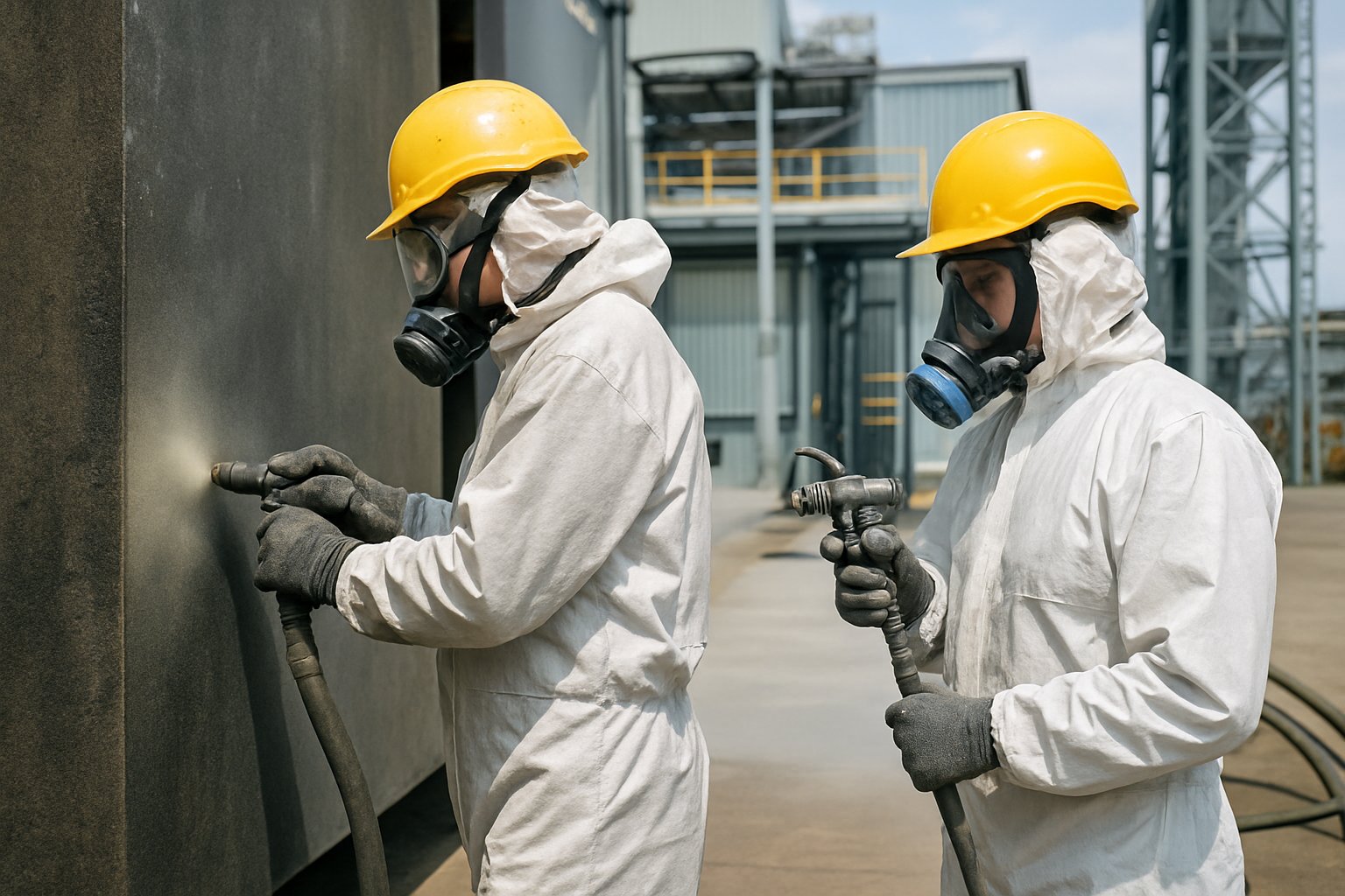 Workers wearing safety gear preparing and painting a large metal surface in an industrial facility.