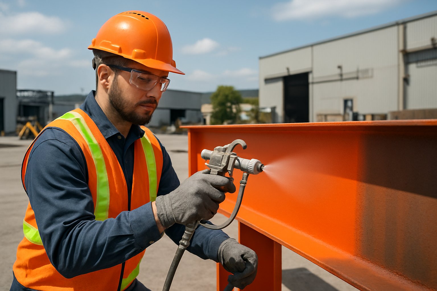 A worker in safety gear painting a large industrial metal structure outdoors at an industrial site.