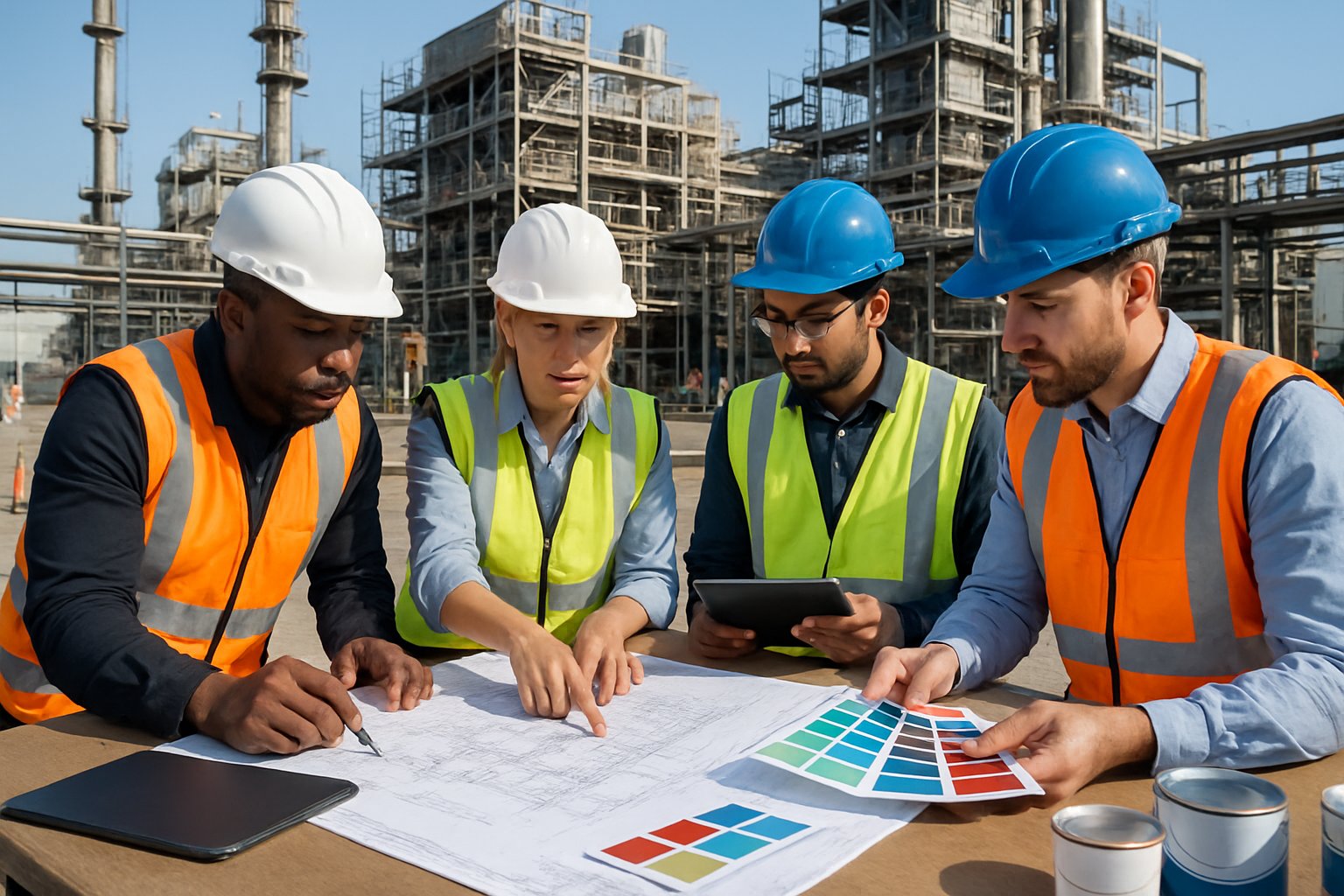 A group of workers in safety gear reviewing plans at an industrial painting site with steel structures and equipment in the background.