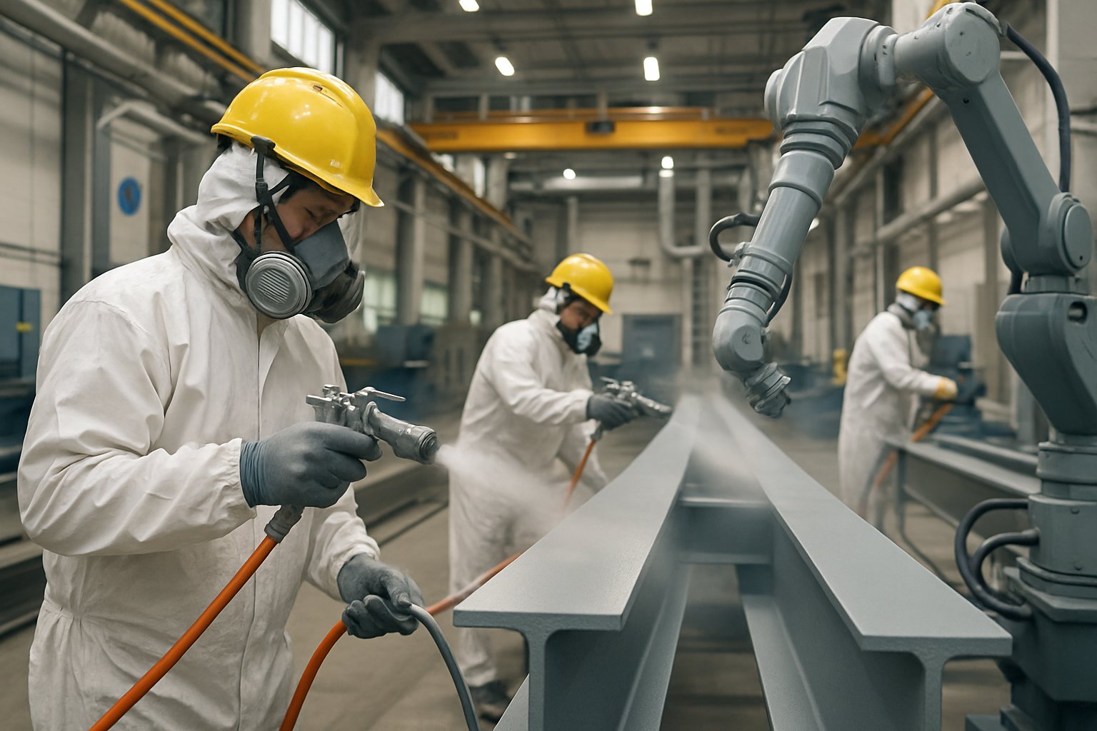 Workers in protective gear applying industrial coatings to large metal structures inside a modern factory.