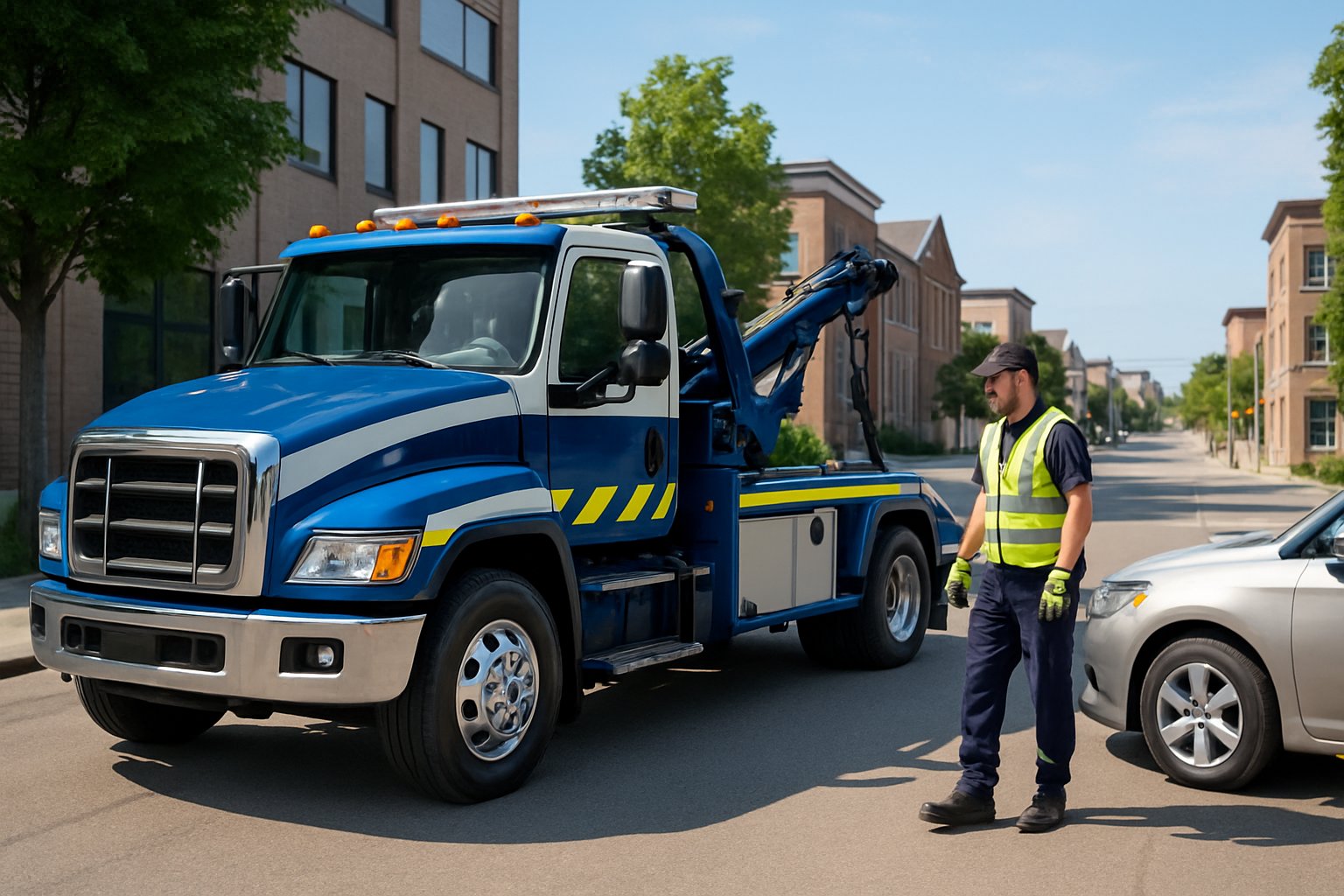 A tow truck parked on a city street with a uniformed operator preparing to tow a car, surrounded by buildings and trees.