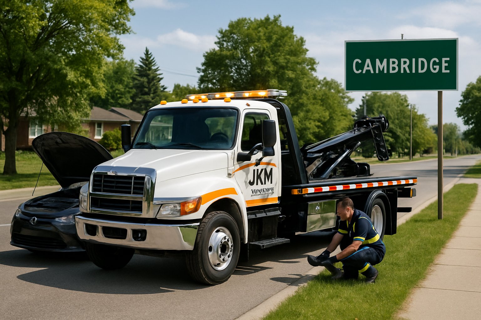 A tow truck operator helping a stranded car on the side of a suburban road in Cambridge, Ontario, with trees and houses in the background.