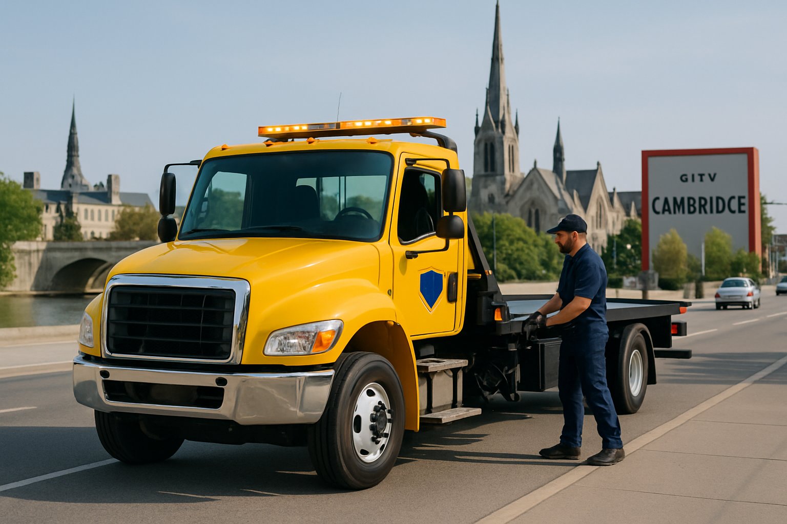 A tow truck parked on a city street in Cambridge, Ontario, with a driver preparing to assist a vehicle and city buildings in the background.
