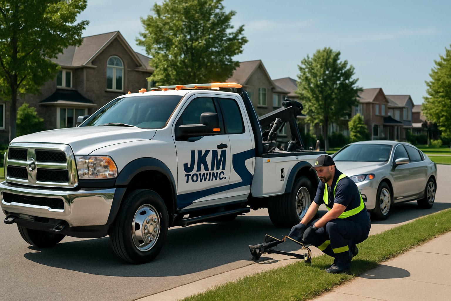 A tow truck operator assisting a stranded vehicle on a suburban road in Cambridge, Ontario.