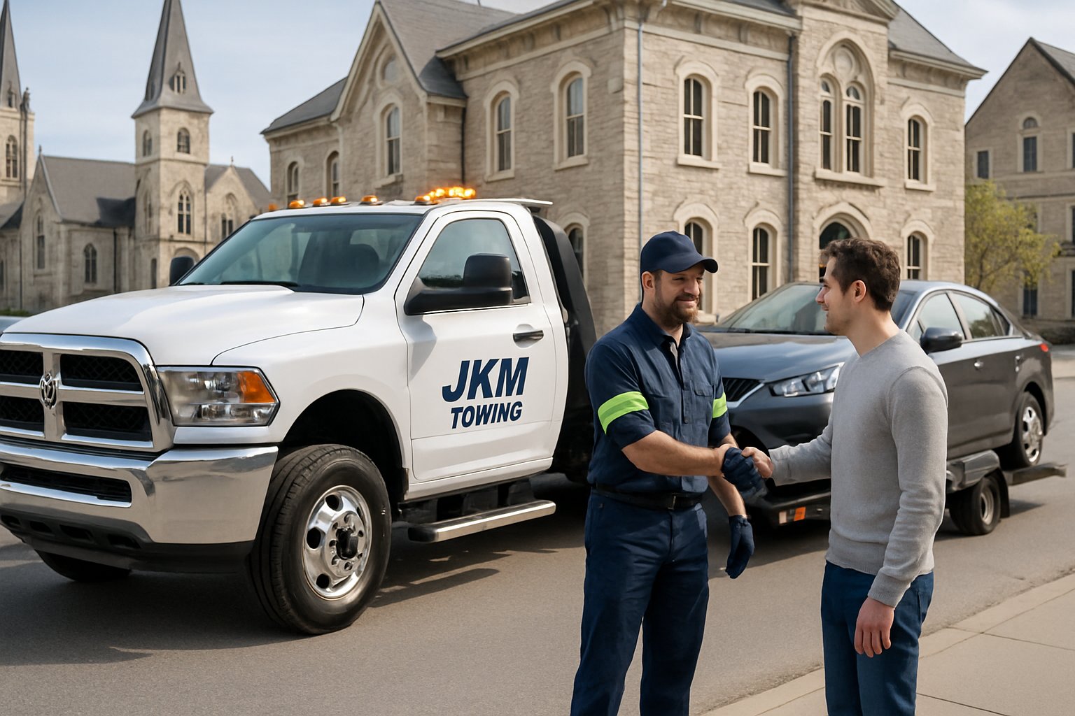 A tow truck operator helping a customer beside a disabled car on a city street with buildings in the background.