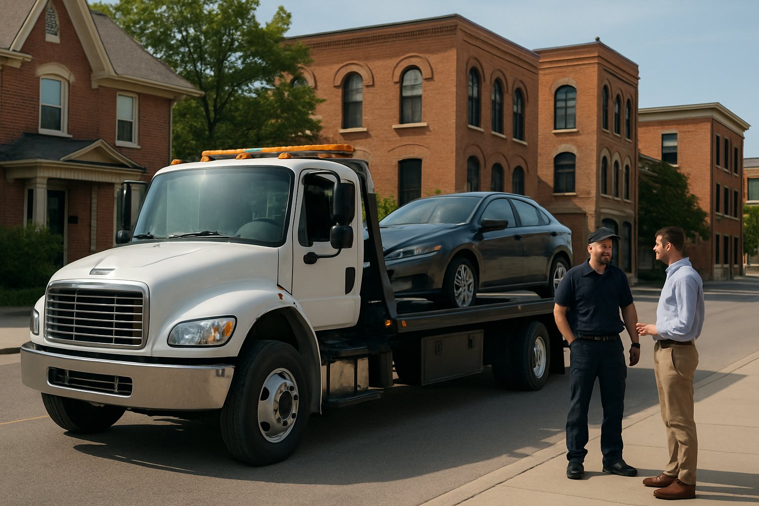 A tow truck parked on a city street with a towing professional talking to a customer near a car being prepared for towing.