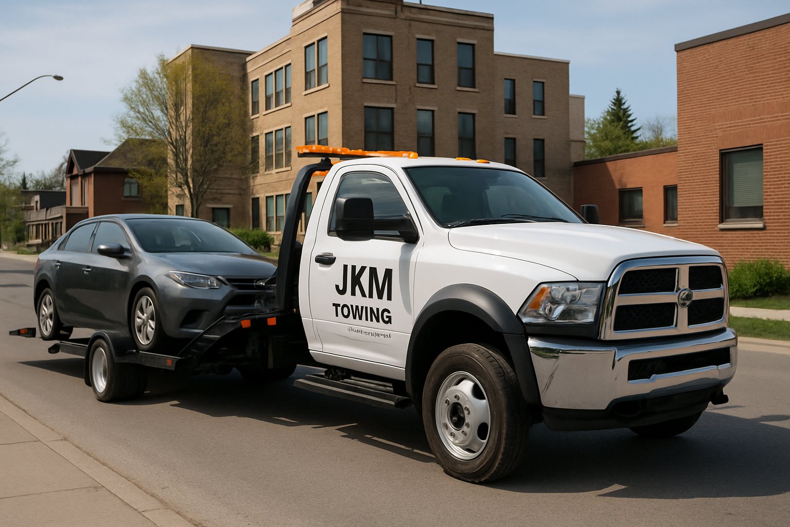 A tow truck hooking up a car on a street in Cambridge, Ontario with urban buildings and trees in the background.