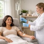 Person receiving IV hydration therapy in a clinical setting