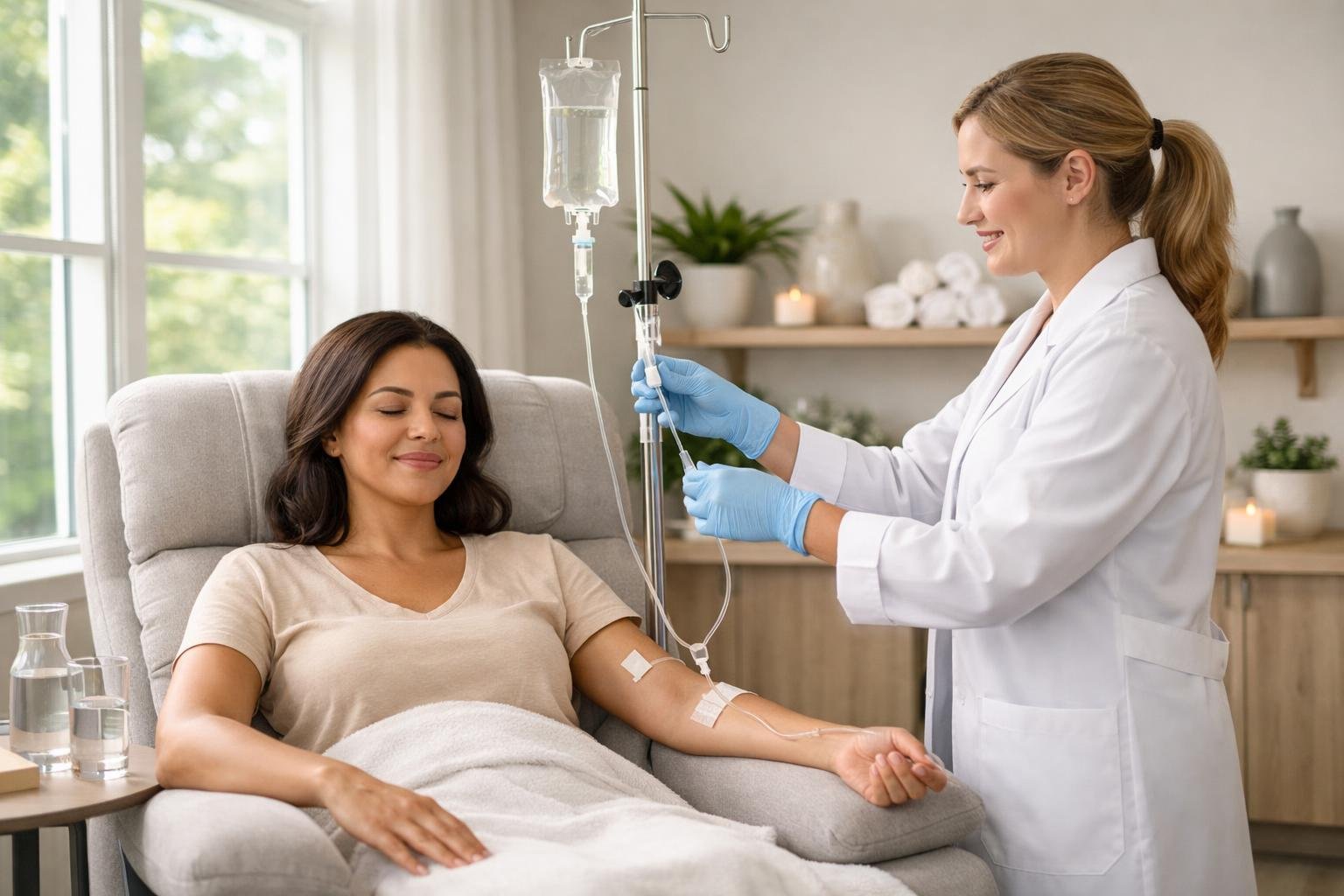 Person receiving IV hydration therapy in a clinical setting