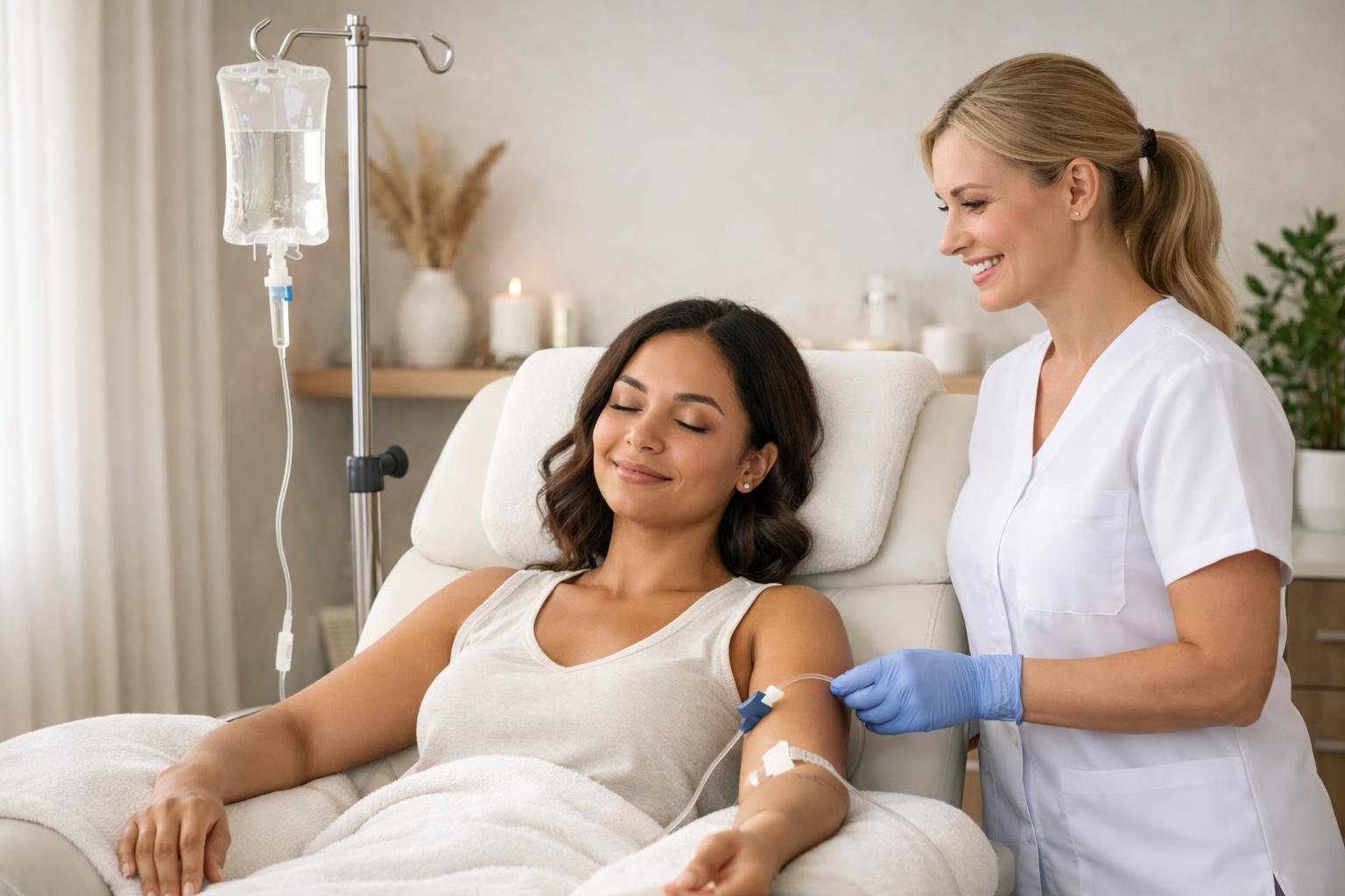 A healthcare provider administering IV hydration therapy to a relaxed adult client in a clean, modern medical spa setting.