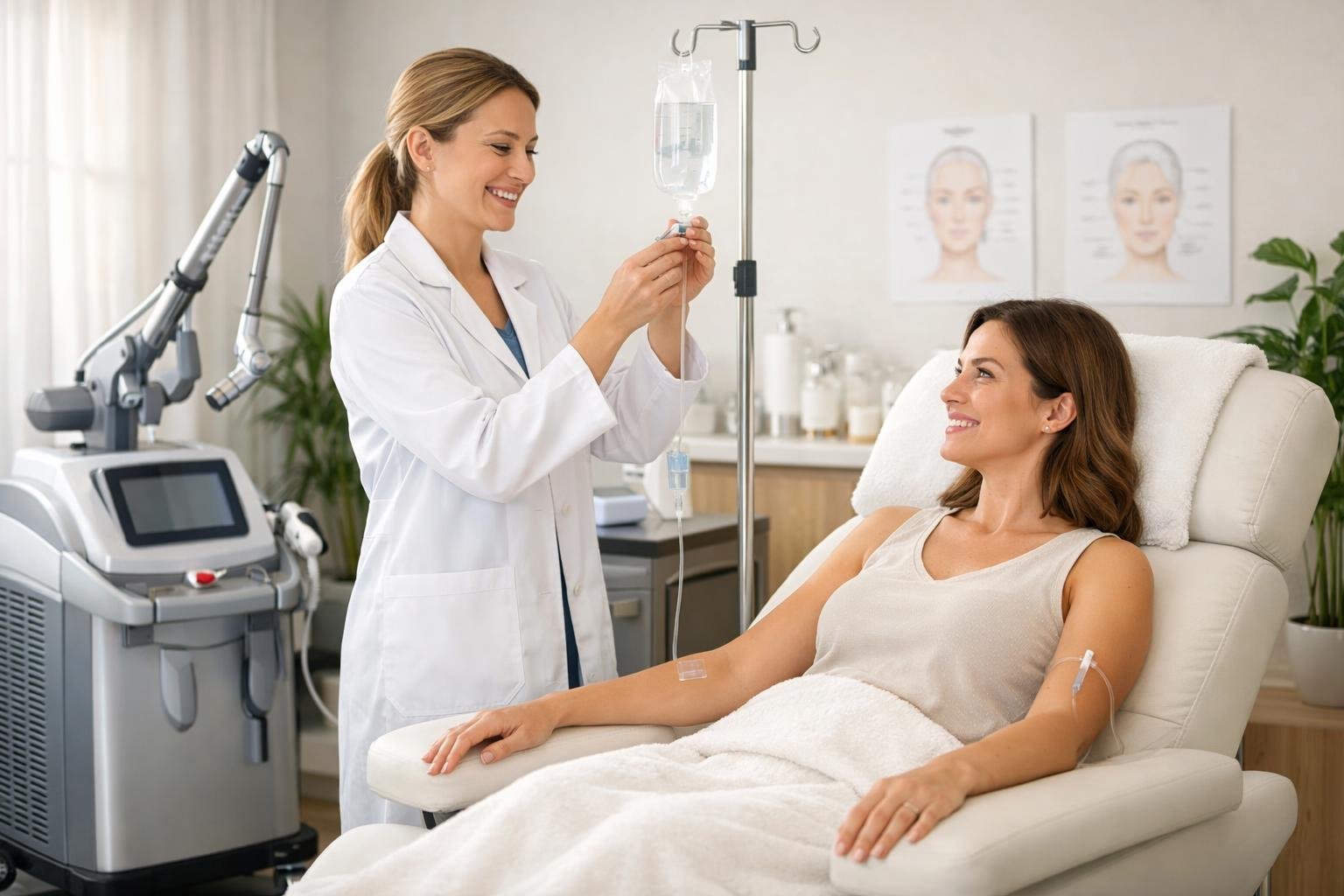 A healthcare professional prepares an IV drip for a relaxed patient in a modern wellness clinic treatment room.