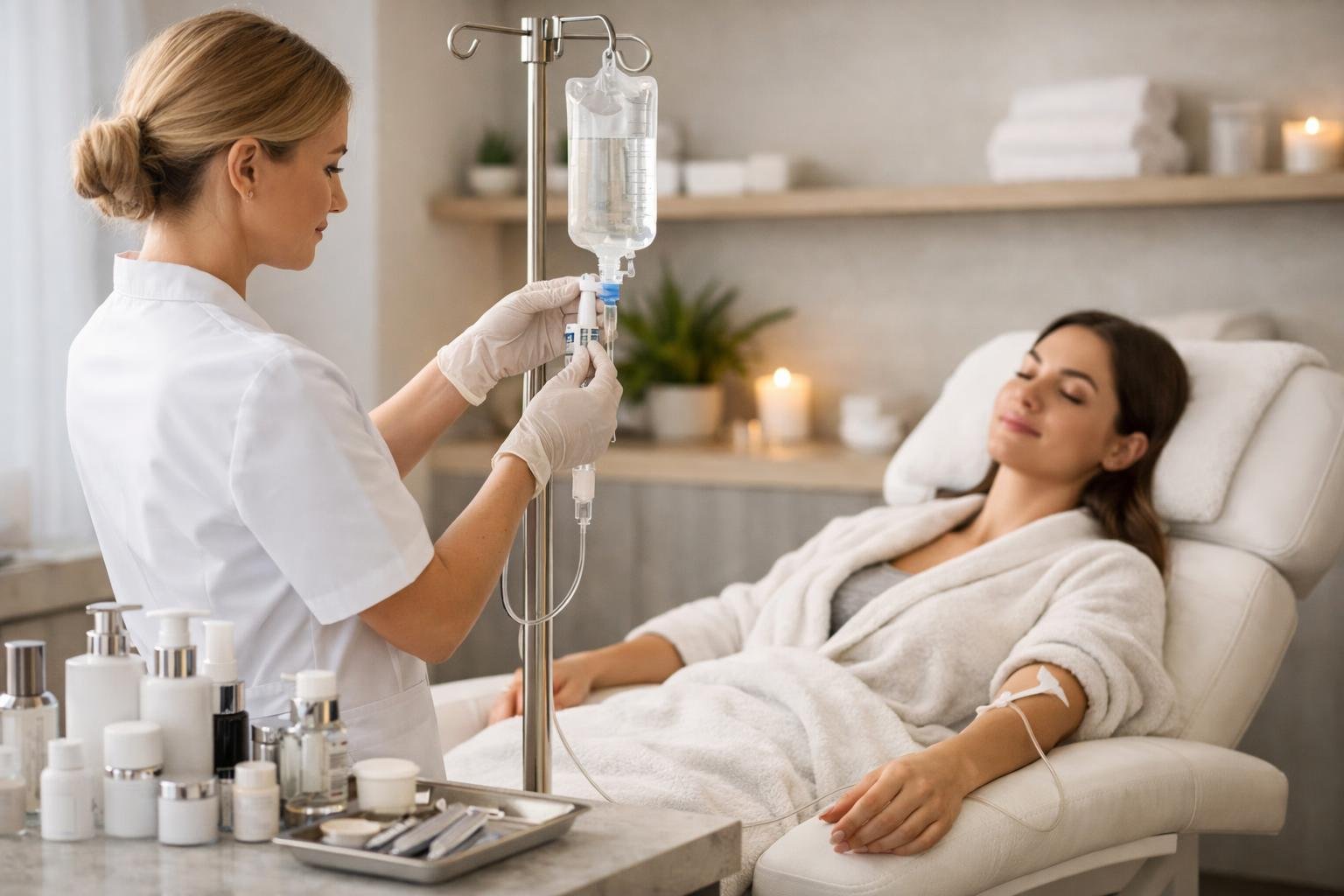 A healthcare professional prepares an IV hydration drip for a relaxed client in a modern treatment room with skincare products nearby.
