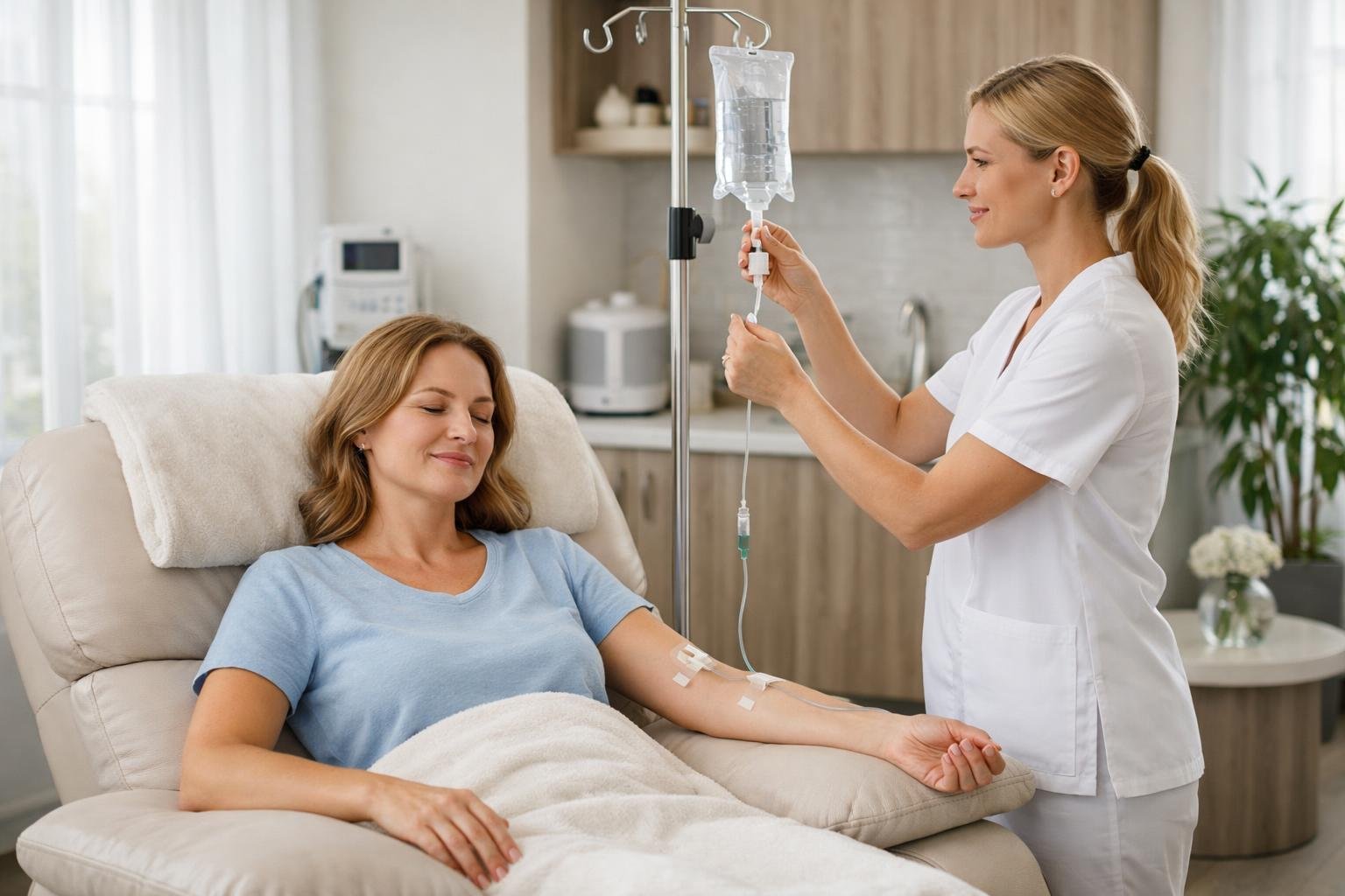 A woman receiving IV hydration therapy from a healthcare professional in a modern wellness clinic.
