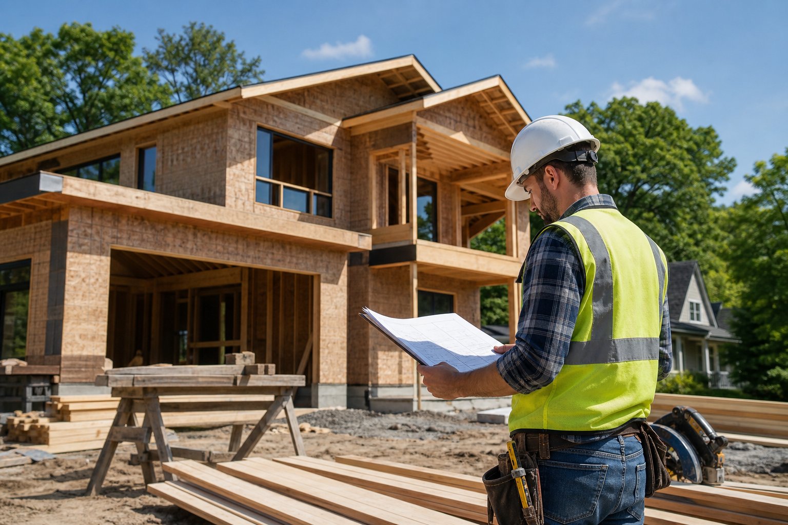 A custom home builder wearing a hard hat and safety vest reviews blueprints at a residential construction site with a partially built house and green trees in the background.
