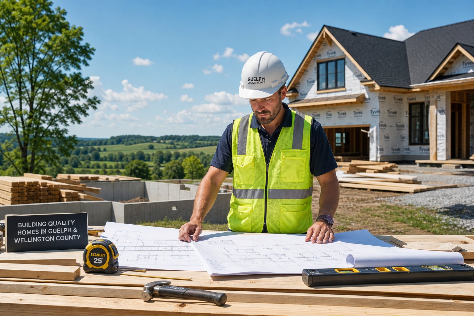 A builder wearing a hard hat reviewing blueprints on a construction site with a partially built house and green hills in the background.