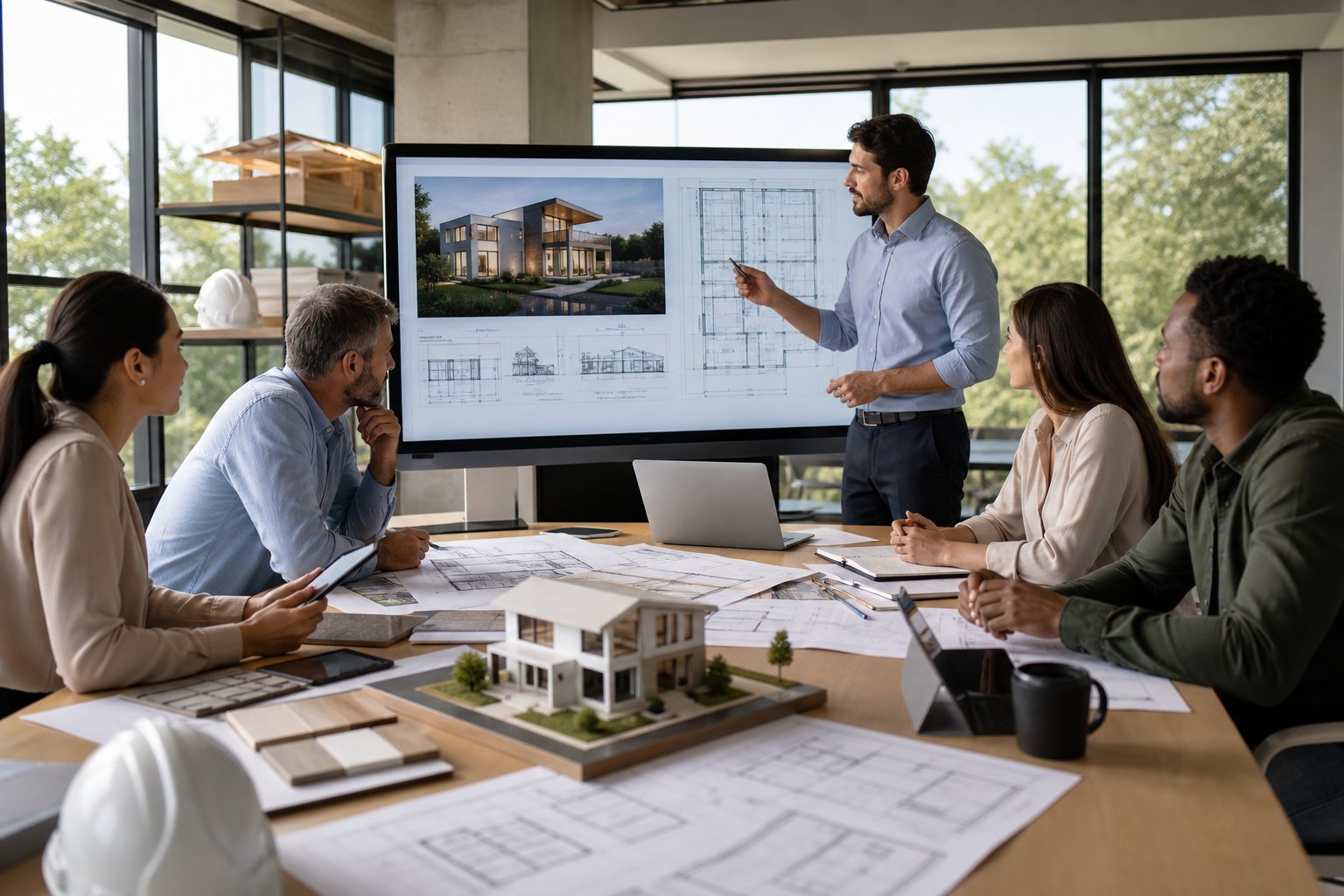 A group of professionals and clients reviewing blueprints and digital plans together in a bright meeting room.