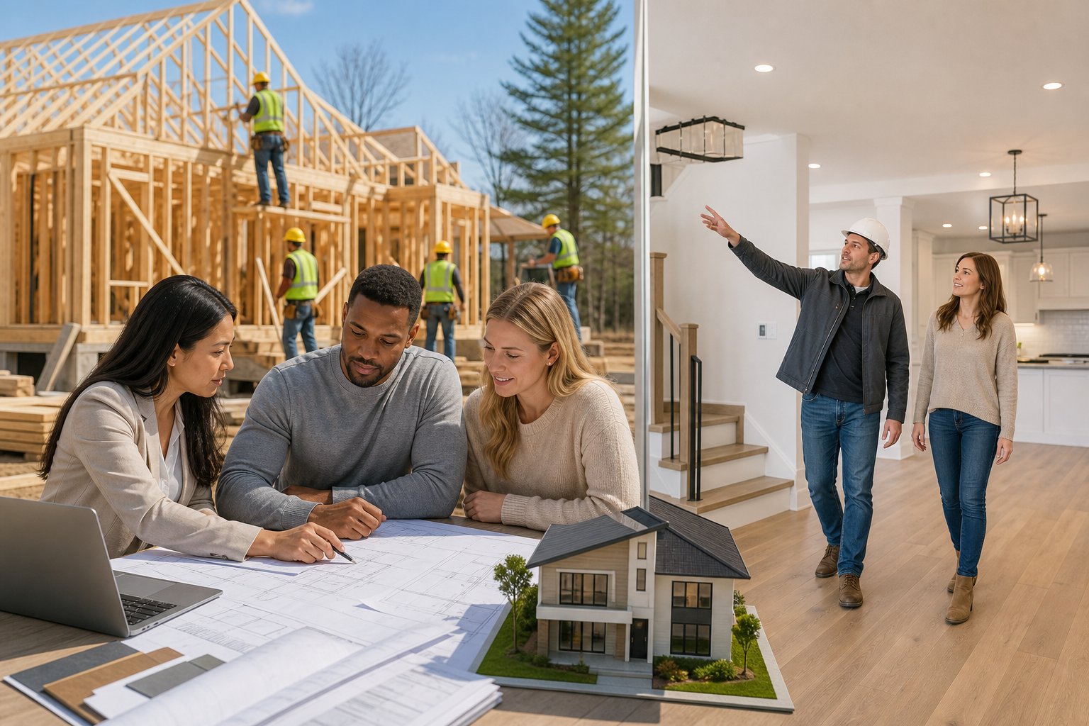 People reviewing home blueprints, construction workers building a wooden house frame, and a builder showing a client a finished home interior.
