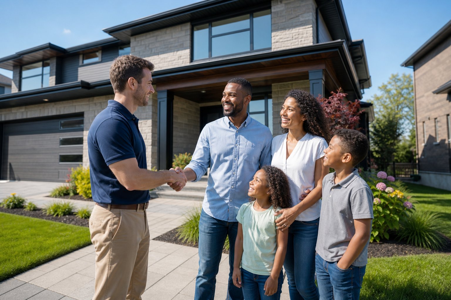 A family standing outside their newly built modern home with a home builder in a suburban neighborhood.