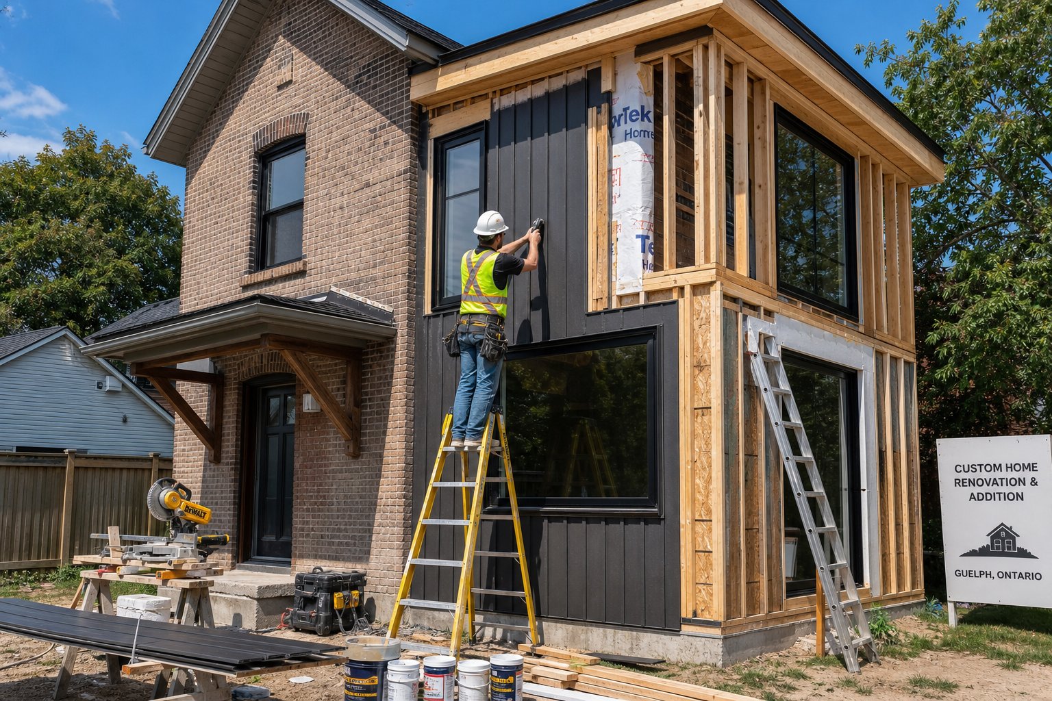 Construction worker working on the exterior of a home during a renovation and addition project in a residential neighborhood.
