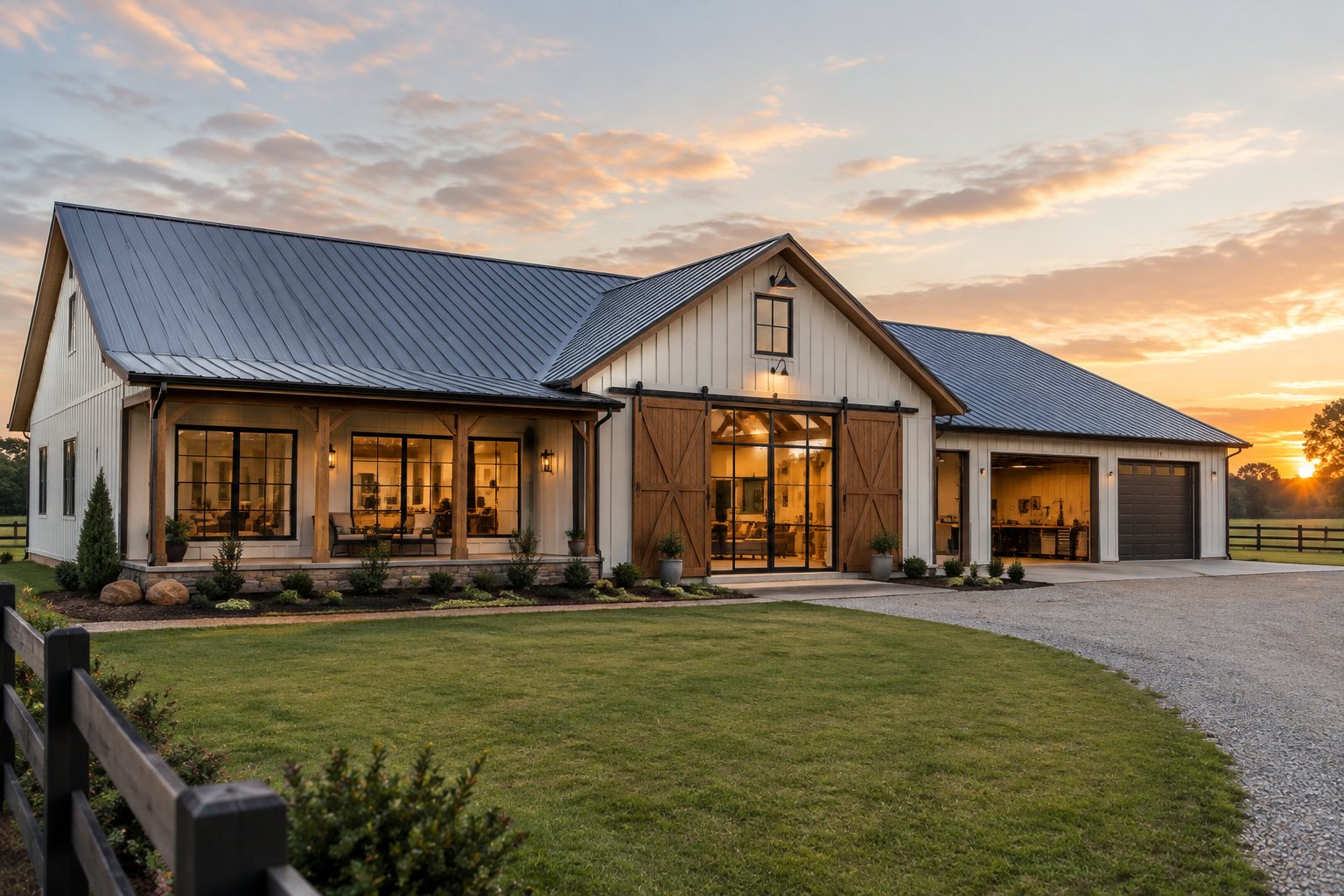 Modern barndominium with wraparound porch and garage at sunset