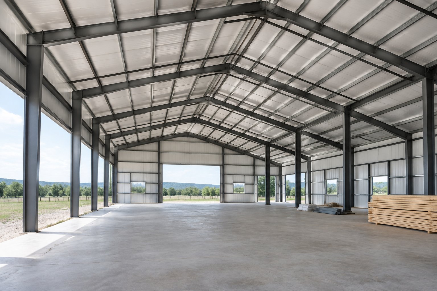 An unfinished metal-frame building with exposed roof trusses and an open interior.