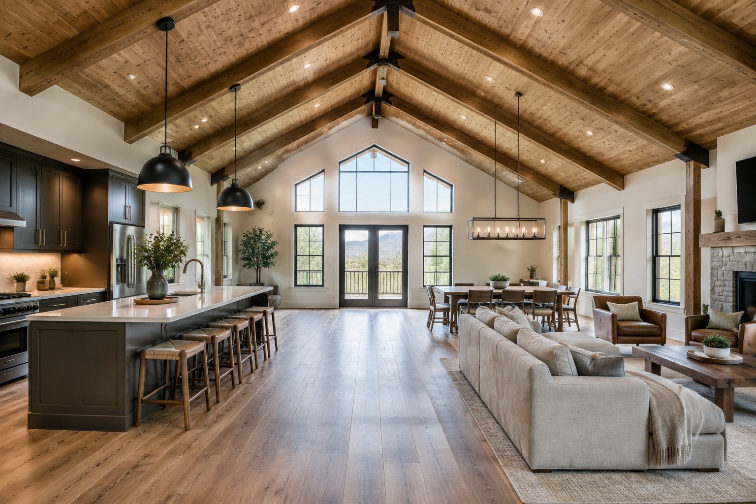 An open-plan barndominium living area with a kitchen, dining space, and few interior supports.