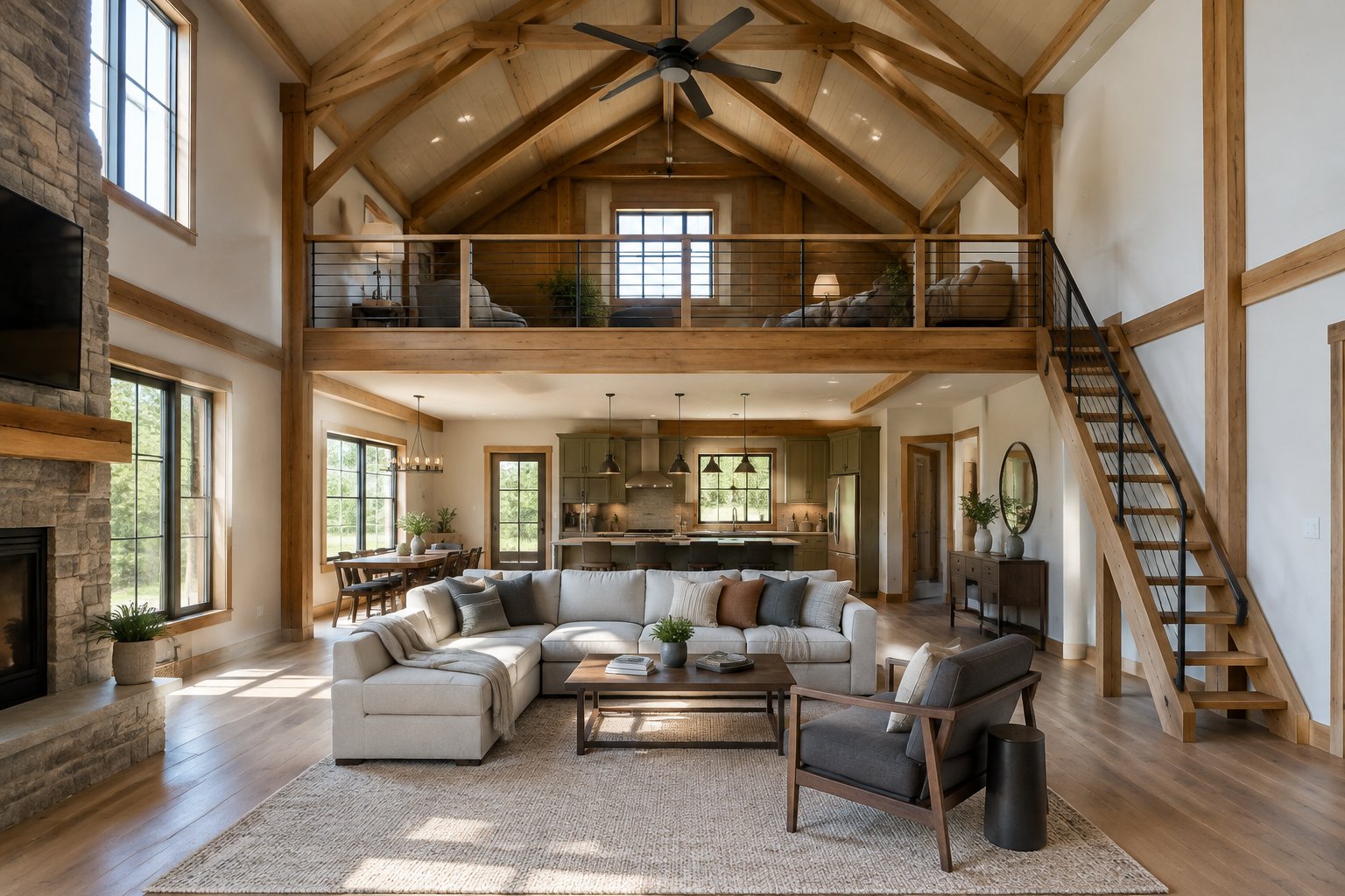 A spacious barndominium living room with a high timber ceiling and a loft overlooking the main floor.