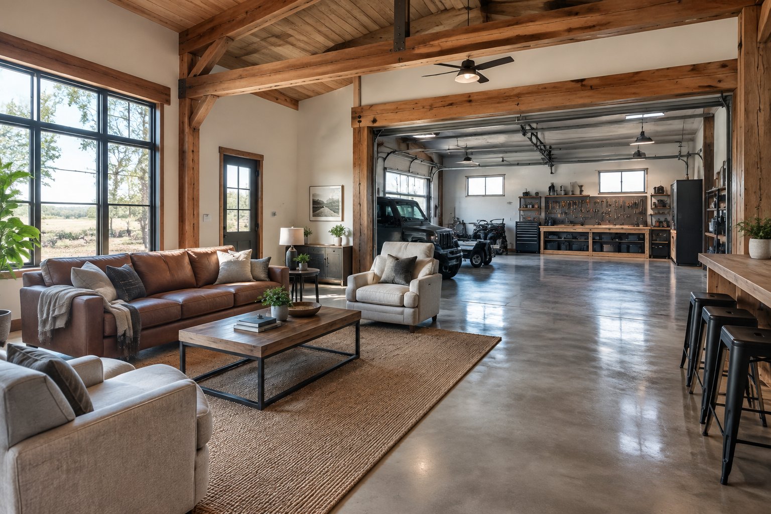 A living room connected to an organized workshop with a workbench and tools.