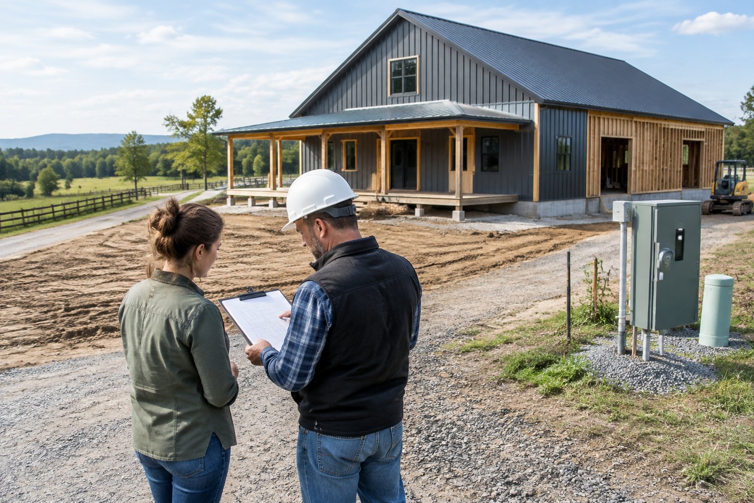 Two people review building plans at a rural home construction site.