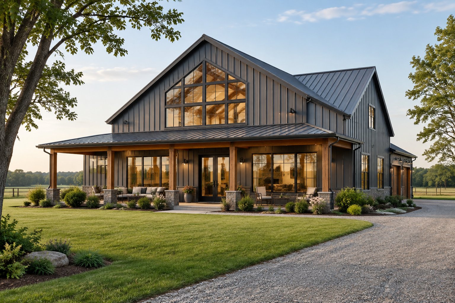 A modern barn-style home with a covered porch sits in a rural landscape.